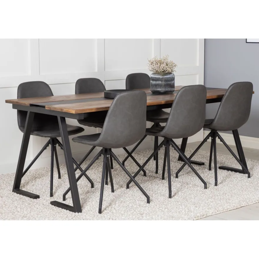 Ruokailuryhmä Venture Home, 200x90cm Jakarta-pöytä + 6 mustaa Polar-tuolia, pyörimisominaisuus, keinonahka