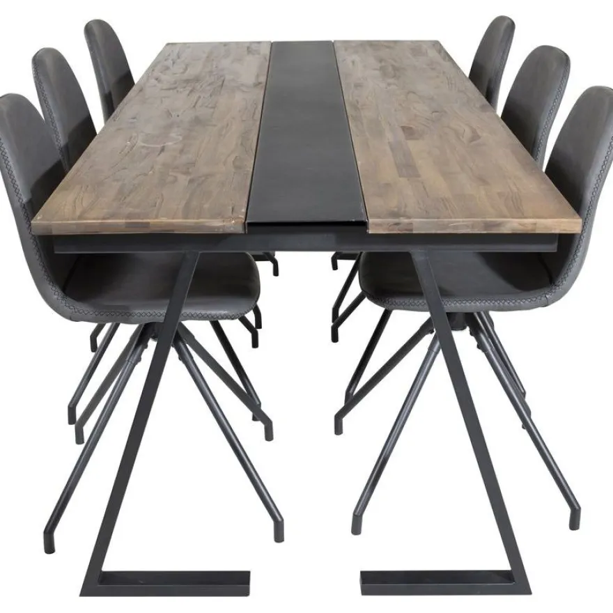 Ruokailuryhmä Venture Home, 200x90cm Jakarta-pöytä + 6 mustaa Polar-tuolia, pyörimisominaisuus, keinonahka