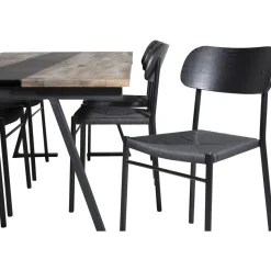 Ruokailuryhmä Venture Home, 200x90cm Jakarta-pöytä + 6 mustaa Polly-tuolia