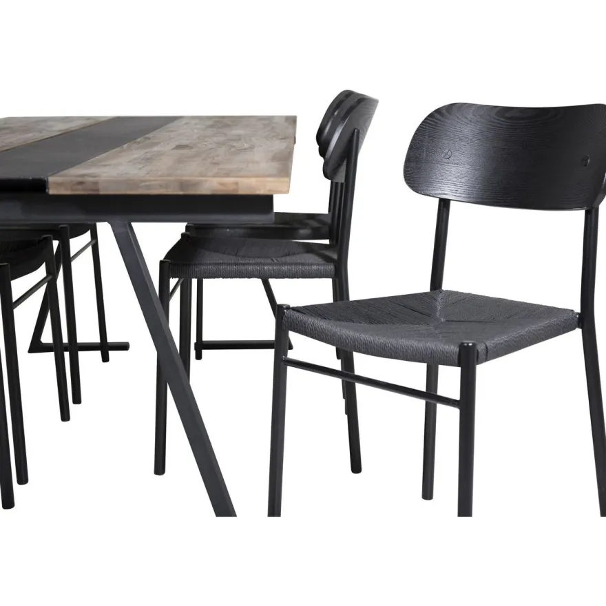 Ruokailuryhmä Venture Home, 200x90cm Jakarta-pöytä + 6 mustaa Polly-tuolia