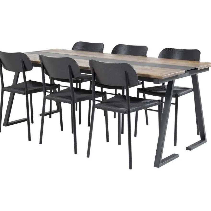 Ruokailuryhmä Venture Home, 200x90cm Jakarta-pöytä + 6 mustaa Polly-tuolia