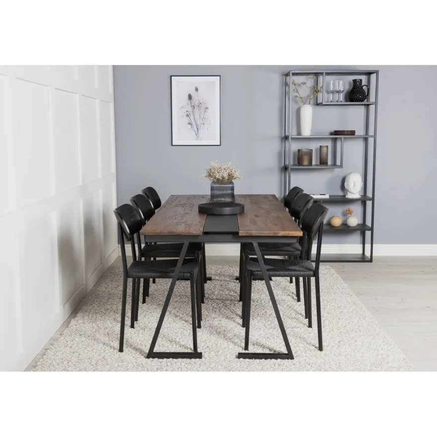 Ruokailuryhmä Venture Home, 200x90cm Jakarta-pöytä + 6 mustaa Polly-tuolia