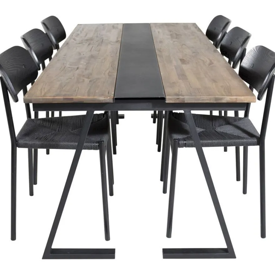 Ruokailuryhmä Venture Home, 200x90cm Jakarta-pöytä + 6 mustaa Polly-tuolia