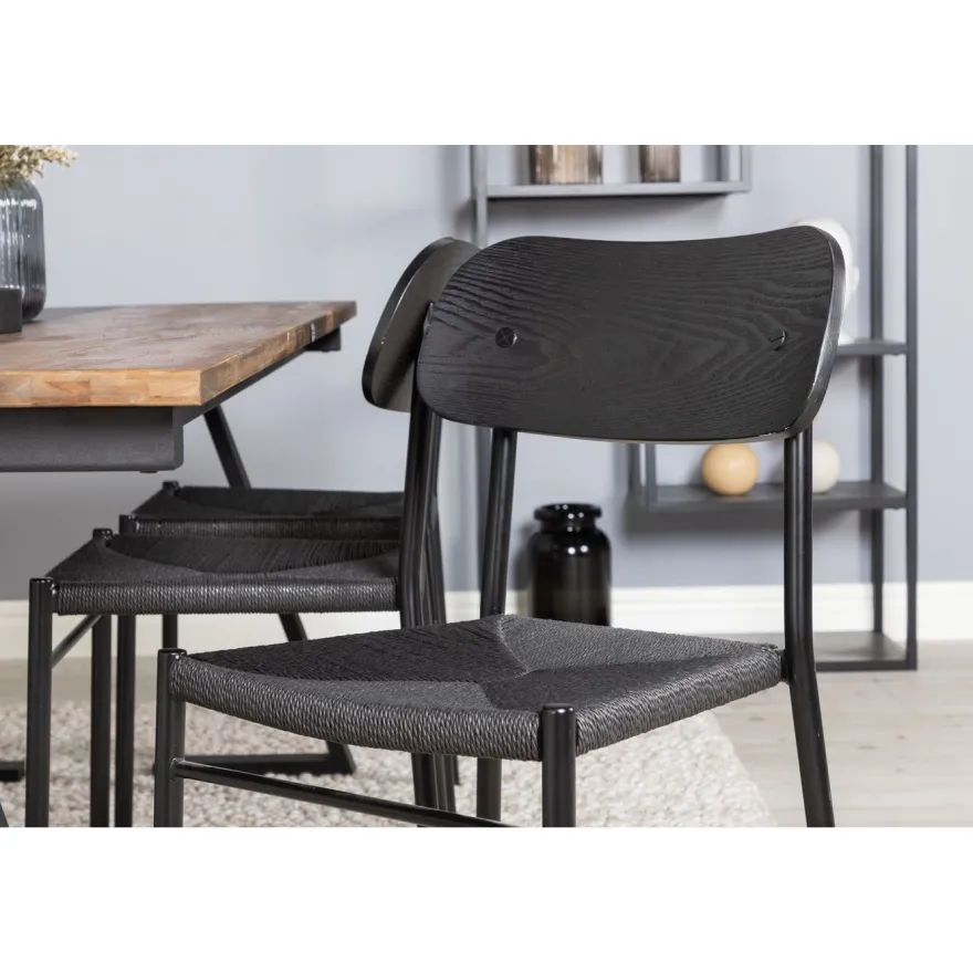 Ruokailuryhmä Venture Home, 200x90cm Jakarta-pöytä + 6 mustaa Polly-tuolia