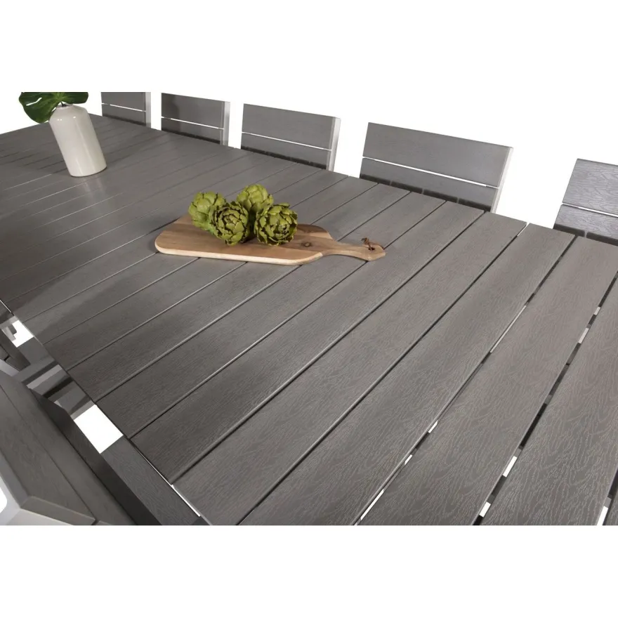 Ruokailuryhmä Venture Home, 229/310x100cm jatkettava harmaa/valkoinen Levels-pöytä + 10 harmaa/valkoista, pinottavaa Levels-tuolia
