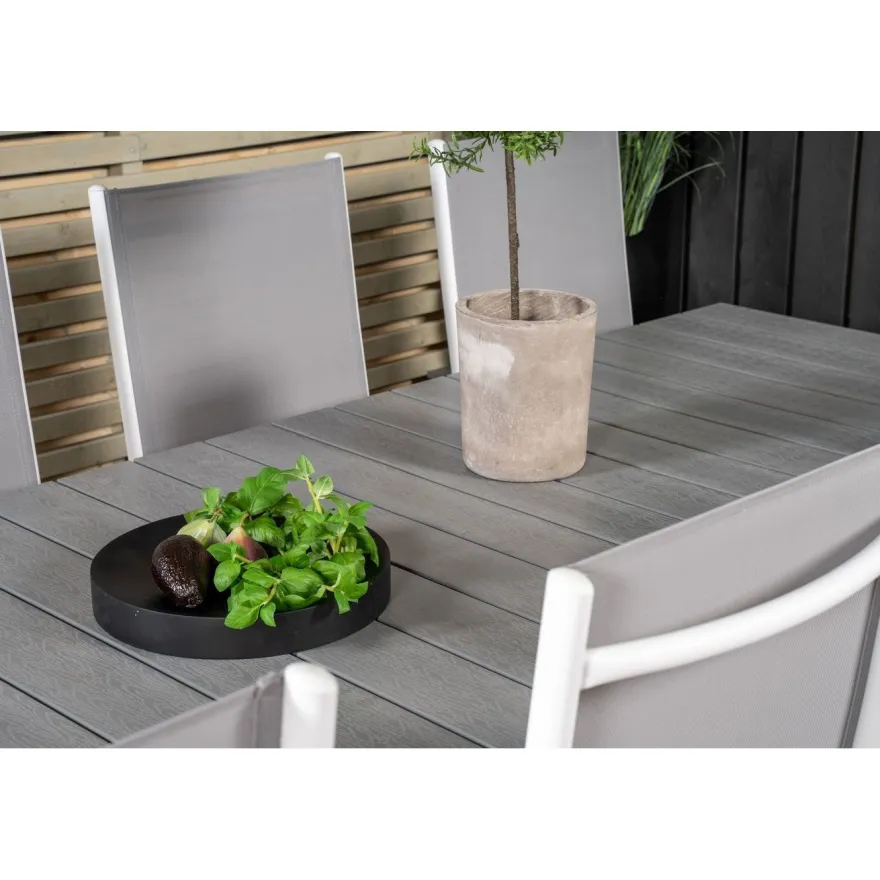 Ruokailuryhmä Venture Home, 229/310x100cm jatkettava harmaa/valkoinen Levels-pöytä + 10 harmaa/valkoista Break-säätötuolia
