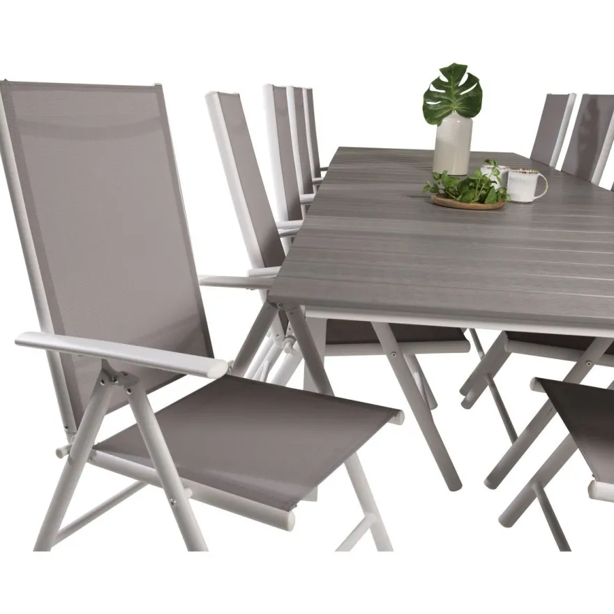 Ruokailuryhmä Venture Home, 229/310x100cm jatkettava harmaa/valkoinen Levels-pöytä + 10 harmaa/valkoista Break-säätötuolia