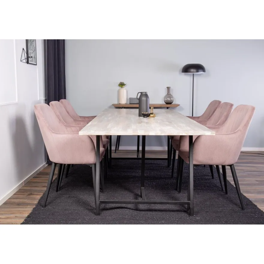 Ruokailuryhmä Venture Home, 250x100cm Jepara-pöytä + 6 Comfort -tuolia, vakosametti