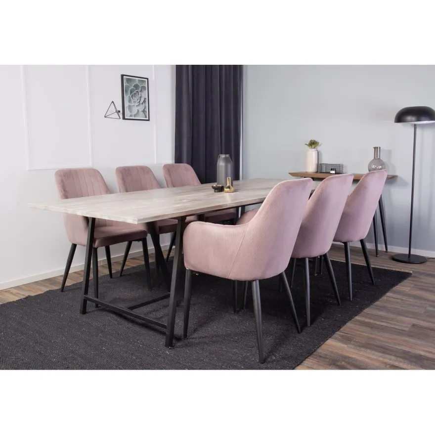 Ruokailuryhmä Venture Home, 250x100cm Jepara-pöytä + 6 Comfort -tuolia, vakosametti