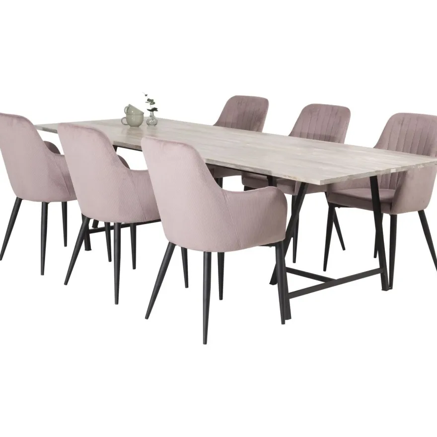 Ruokailuryhmä Venture Home, 250x100cm Jepara-pöytä + 6 Comfort -tuolia, vakosametti