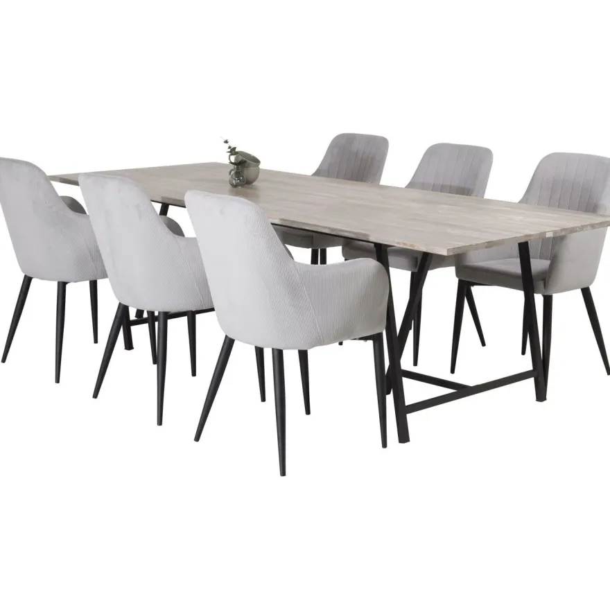 Ruokailuryhmä Venture Home, 250x100cm Jepara-pöytä + 6 Comfort -tuolia, vakosametti