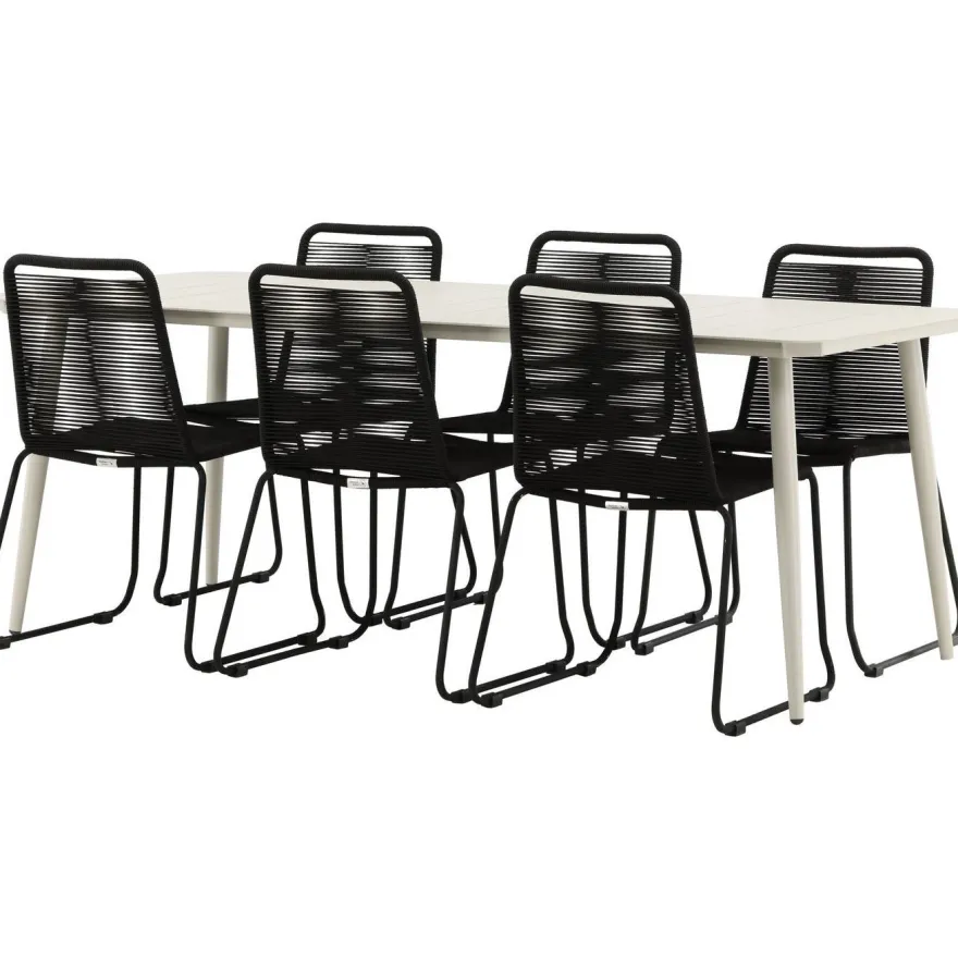 Ruokailuryhmä Venture Home, 200x90cm Lina-pöytä + 6 mustaa Lindos-tuolia