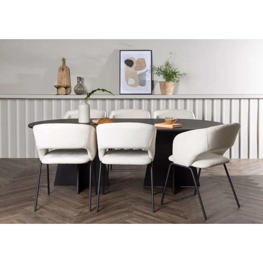 Ruokailuryhmä Venture Home, 230x115cm musta Bootcut Oval -pöytä + 6 valkoista Day-tuolia