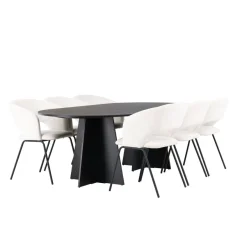 Ruokailuryhmä Venture Home, 230x115cm musta Bootcut Oval -pöytä + 6 valkoista Day-tuolia