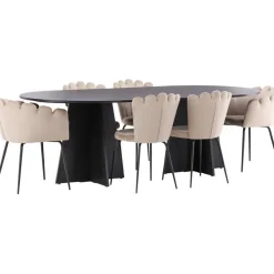 Ruokailuryhmä Venture Home, 230x115cm musta Bootcut-pöytä + 4 beigeä Limhamn Light -tuolia, sametti