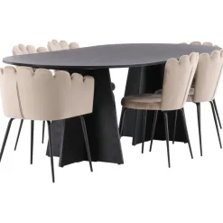 Ruokailuryhmä Venture Home, 230x115cm musta Bootcut-pöytä + 4 beigeä Limhamn Light -tuolia, sametti