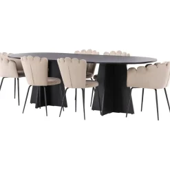 Ruokailuryhmä Venture Home, 230x115cm musta Bootcut-pöytä + 4 beigeä Limhamn Light -tuolia, sametti
