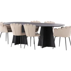Ruokailuryhmä Venture Home, 230x115cm musta Bootcut-pöytä + 4 beigeä Limhamn Light -tuolia, sametti