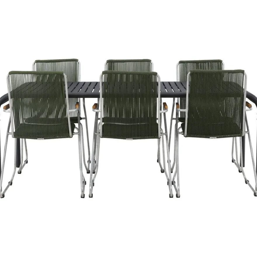 Ruokailuryhmä Venture Home, 200x100cm musta Borneo-pöytä + 6 Bois-tuolia