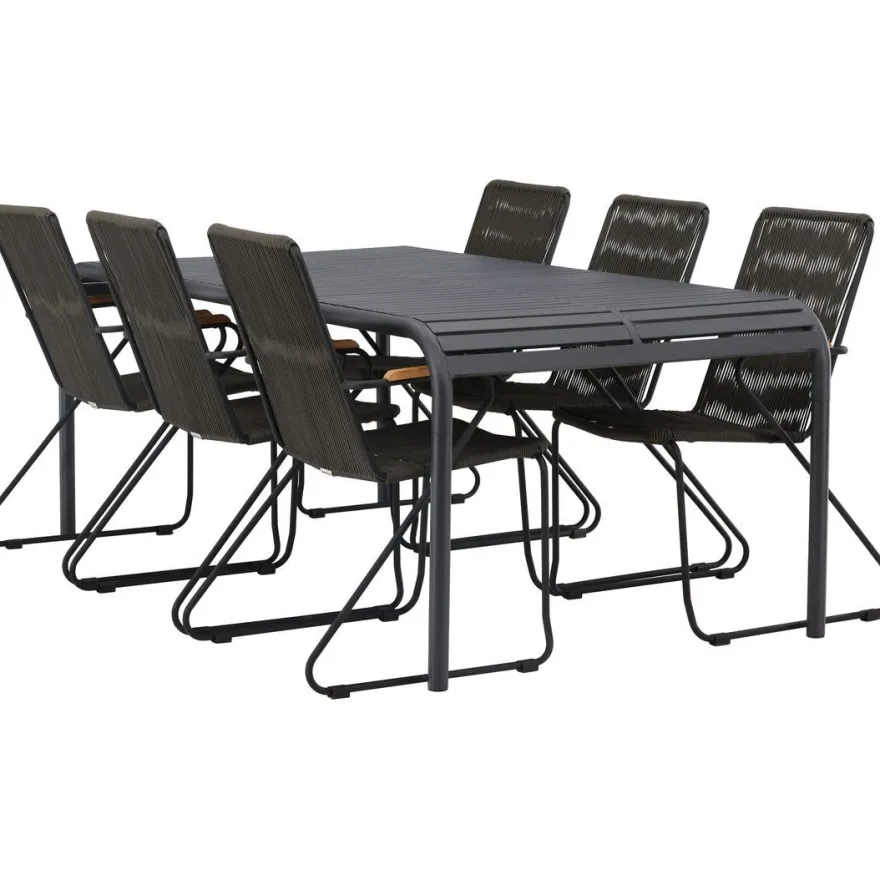 Ruokailuryhmä Venture Home, 200x100cm musta Borneo-pöytä + 6 Bois-tuolia