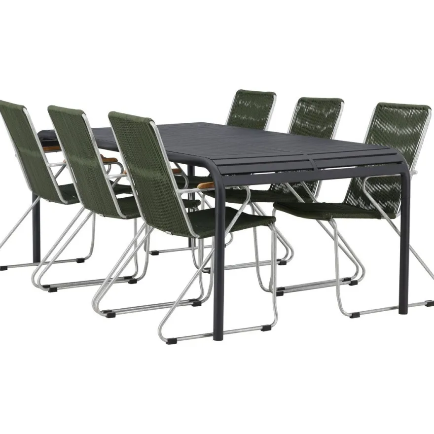 Ruokailuryhmä Venture Home, 200x100cm musta Borneo-pöytä + 6 Bois-tuolia