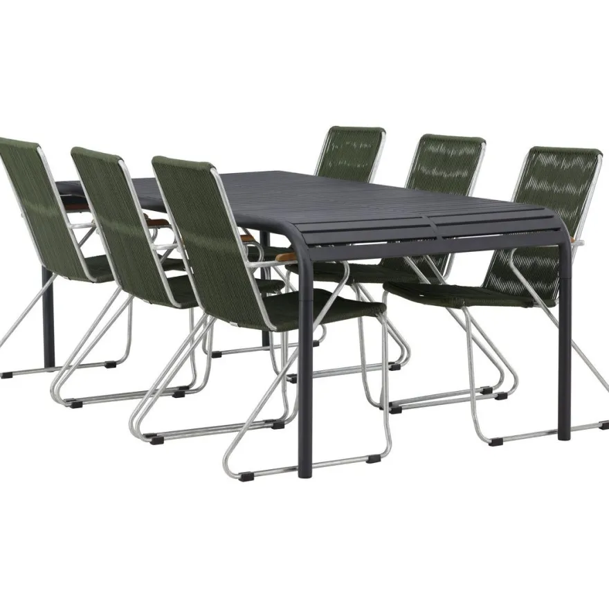 Ruokailuryhmä Venture Home, 200x100cm musta Borneo-pöytä + 6 Bois-tuolia