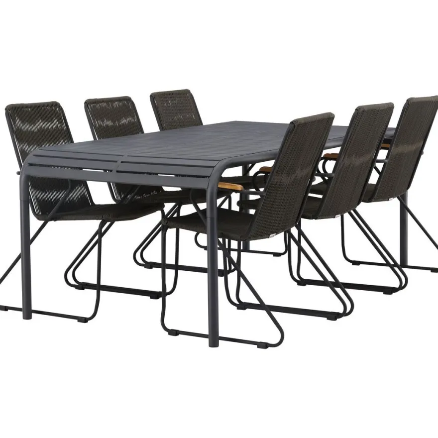 Ruokailuryhmä Venture Home, 200x100cm musta Borneo-pöytä + 6 Bois-tuolia