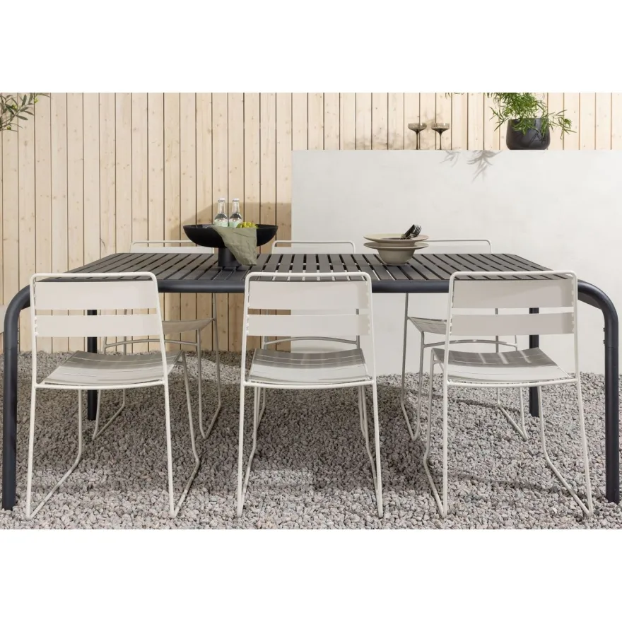 Ruokailuryhmä Venture Home, 200x100cm musta Borneo-pöytä + 6 Lina-tuolia