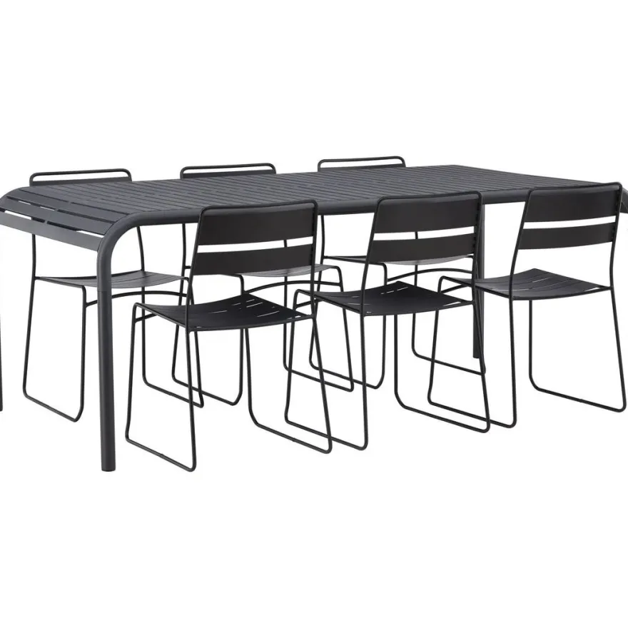 Ruokailuryhmä Venture Home, 200x100cm musta Borneo-pöytä + 6 Lina-tuolia