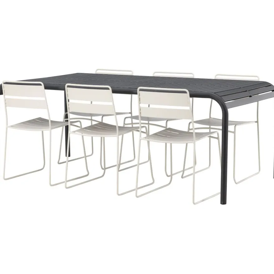 Ruokailuryhmä Venture Home, 200x100cm musta Borneo-pöytä + 6 Lina-tuolia