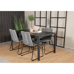 Ruokailuryhmä Venture Home, 150x90cm musta Break-pöytä + 4 harmaata, pinottavaa Lindos-tuolia