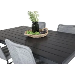 Ruokailuryhmä Venture Home, 150x90cm musta Break-pöytä + 4 harmaata, pinottavaa Lindos-tuolia
