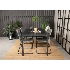 Ruokailuryhmä Venture Home, 150x90cm musta Break-pöytä + 4 harmaata, pinottavaa Lindos-tuolia