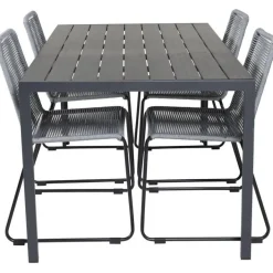 Ruokailuryhmä Venture Home, 150x90cm musta Break-pöytä + 4 harmaata, pinottavaa Lindos-tuolia