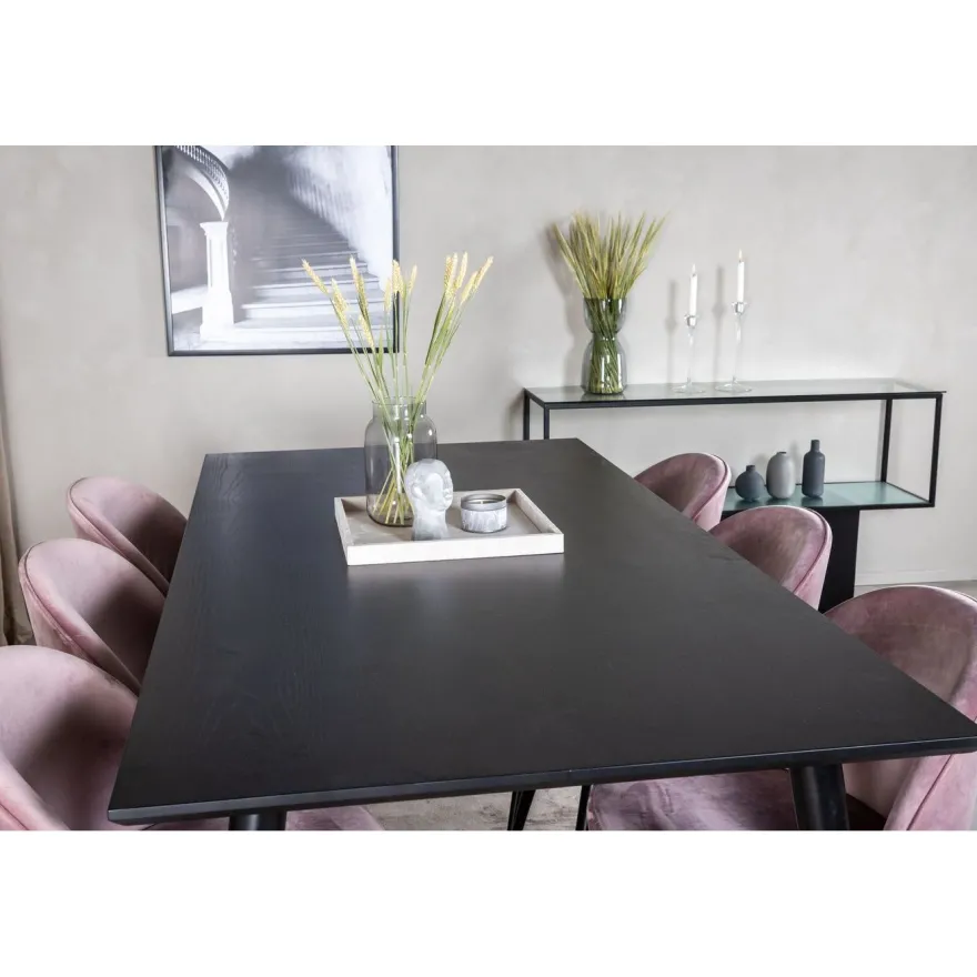 Ruokailuryhmä Venture Home, 180x90cm musta Dipp-pöytä + 6 Velvet-tuolia, sametti