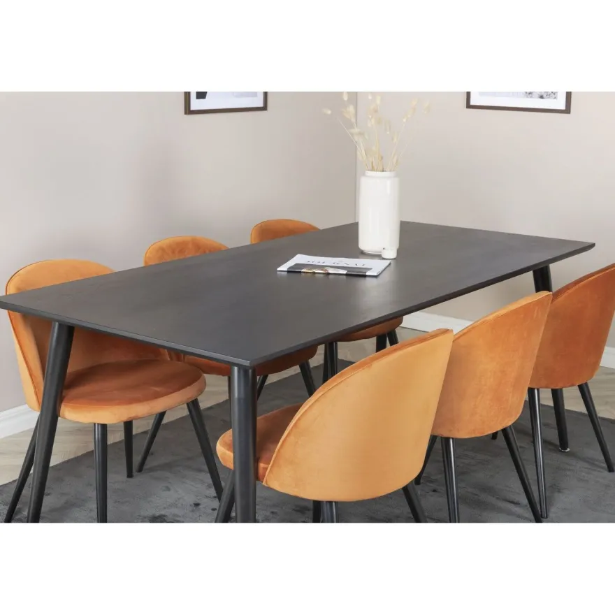 Ruokailuryhmä Venture Home, 180x90cm musta Dipp-pöytä + 6 Velvet-tuolia, sametti