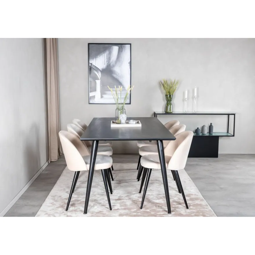 Ruokailuryhmä Venture Home, 180x90cm musta Dipp-pöytä + 6 Velvet-tuolia, sametti