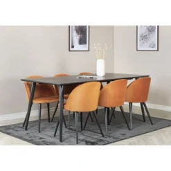 Ruokailuryhmä Venture Home, 180x90cm musta Dipp-pöytä + 6 Velvet-tuolia, sametti