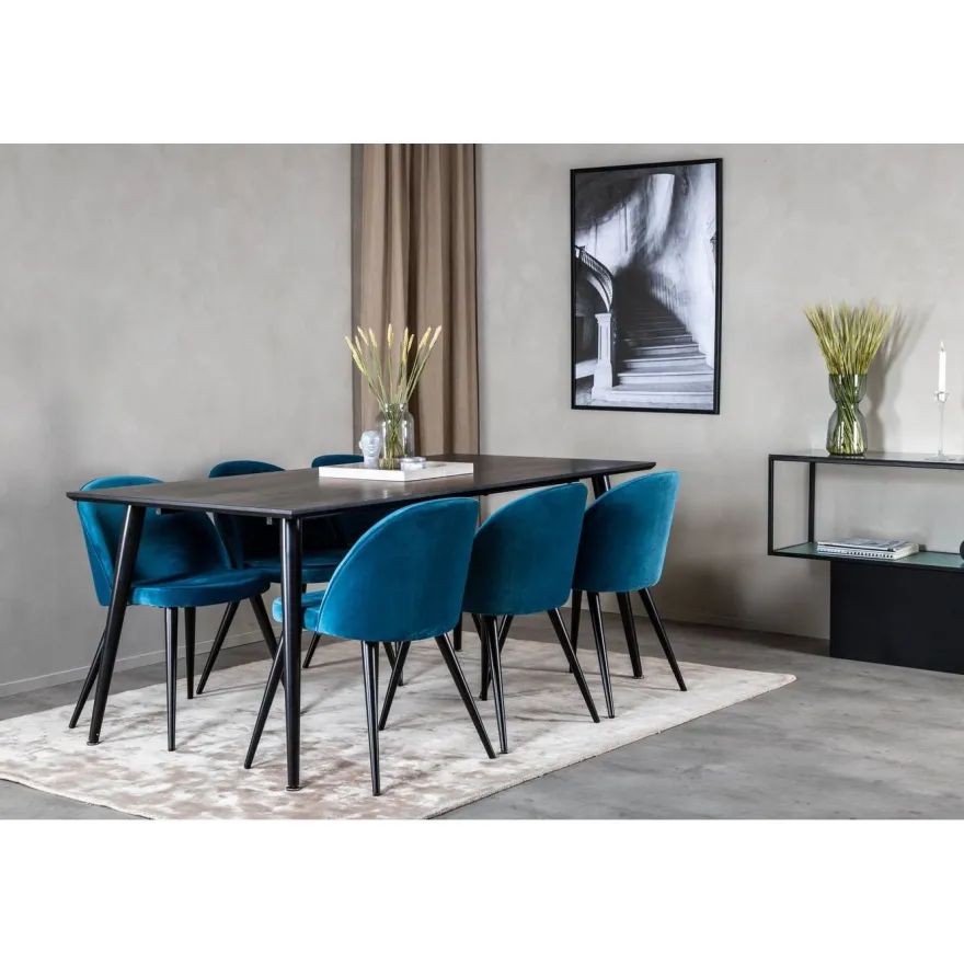 Ruokailuryhmä Venture Home, 180x90cm musta Dipp-pöytä + 6 Velvet-tuolia, sametti