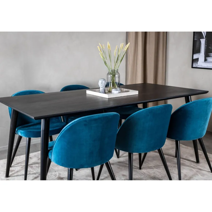 Ruokailuryhmä Venture Home, 180x90cm musta Dipp-pöytä + 6 Velvet-tuolia, sametti