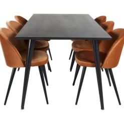 Ruokailuryhmä Venture Home, 180x90cm musta Dipp-pöytä + 6 Velvet-tuolia, sametti