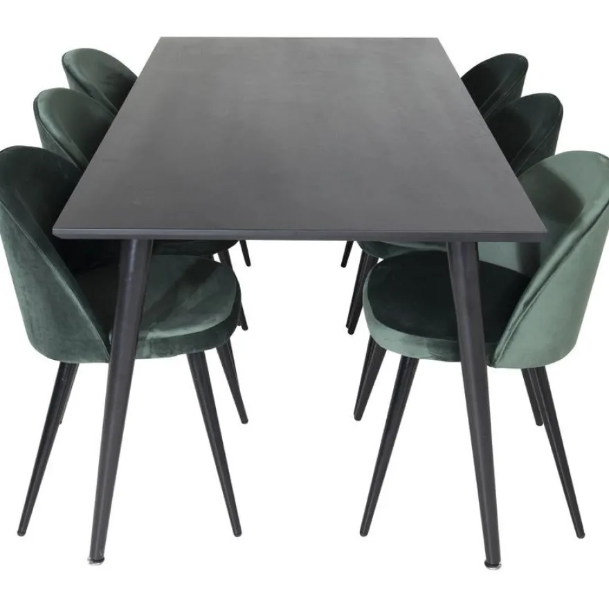 Ruokailuryhmä Venture Home, 180x90cm musta Dipp-pöytä + 6 Velvet-tuolia, sametti