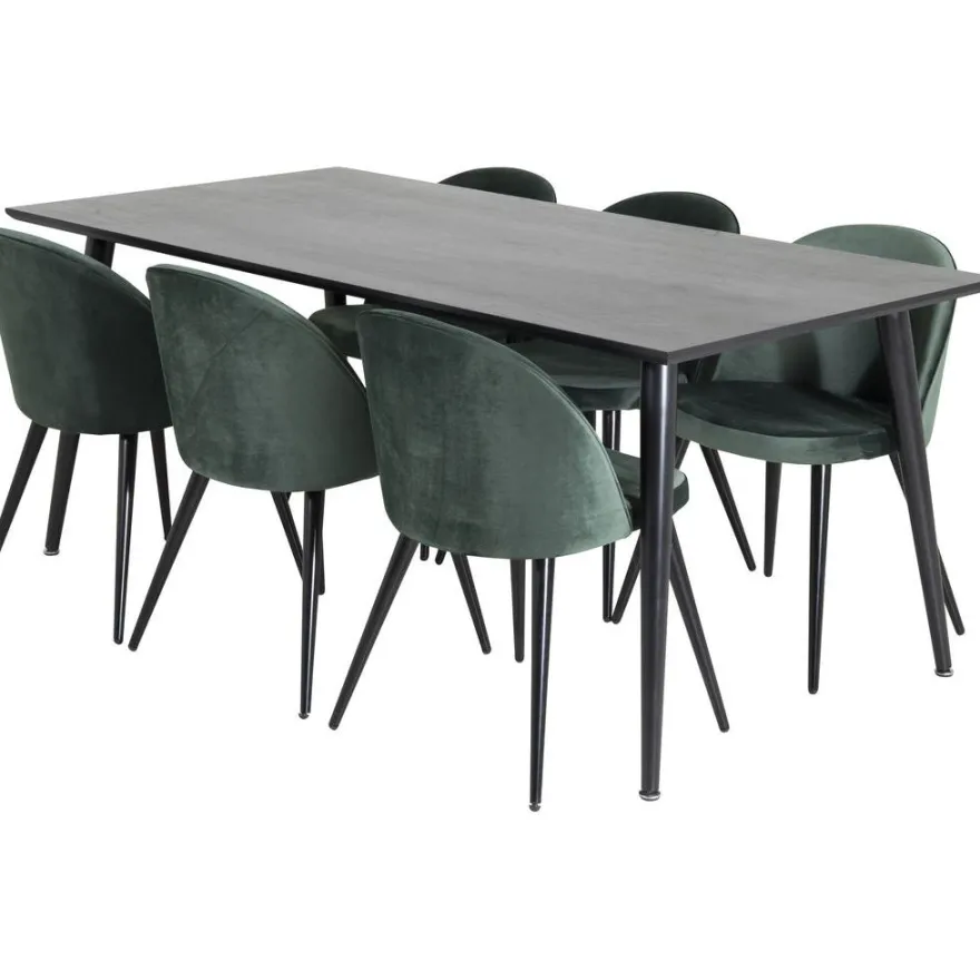 Ruokailuryhmä Venture Home, 180x90cm musta Dipp-pöytä + 6 Velvet-tuolia, sametti