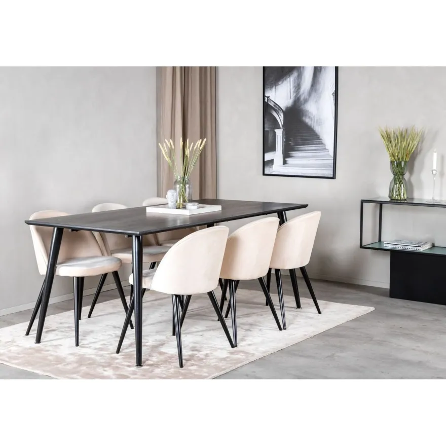 Ruokailuryhmä Venture Home, 180x90cm musta Dipp-pöytä + 6 Velvet-tuolia, sametti
