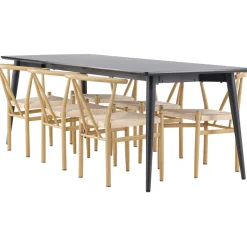 Ruokailuryhmä Venture Home, 230x85cm musta Ellis-pöytä + 6 beigeä Alfons-tuolia