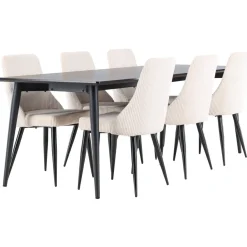 Ruokailuryhmä Venture Home, 230x85cm musta Ellis-pöytä + 6 beigeä Leone-tuolia, vakosametti