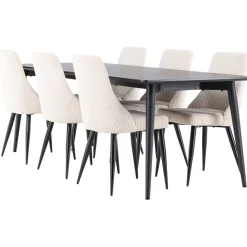 Ruokailuryhmä Venture Home, 230x85cm musta Ellis-pöytä + 6 beigeä Leone-tuolia, vakosametti