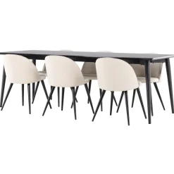 Ruokailuryhmä Venture Home, 230x85cm musta Ellis-pöytä + 6 beigeä Velvet-tuolia, sametti