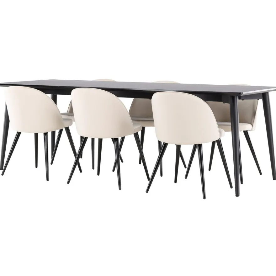 Ruokailuryhmä Venture Home, 230x85cm musta Ellis-pöytä + 6 beigeä Velvet-tuolia, sametti