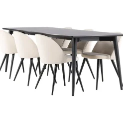 Ruokailuryhmä Venture Home, 230x85cm musta Ellis-pöytä + 6 beigeä Velvet-tuolia, sametti